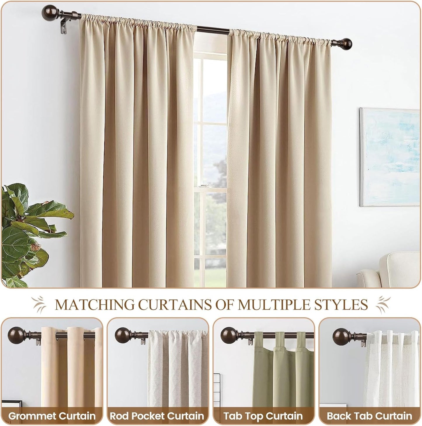 KAMANINA Curtain Rods for Windows 48 to 84 Inches, Bronze Curtain Rod 32 to 86 Inches (2.6-7.1ft), 7/8 Inch Decorative Drapery Rod with Round Finials