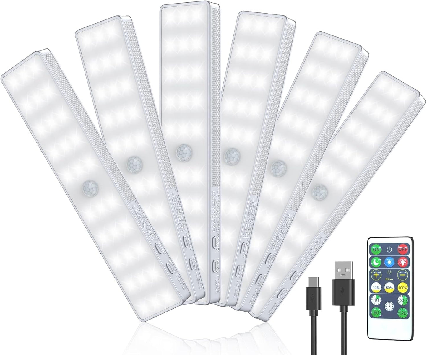 LED Closet Light, 6 Pcs 30LEDs Dimmer Rechargeable Motion Sensor Under Cabinet Lighting, Stick-Anywhere Night Safe Light Bar for Wardrobe,Kitchen