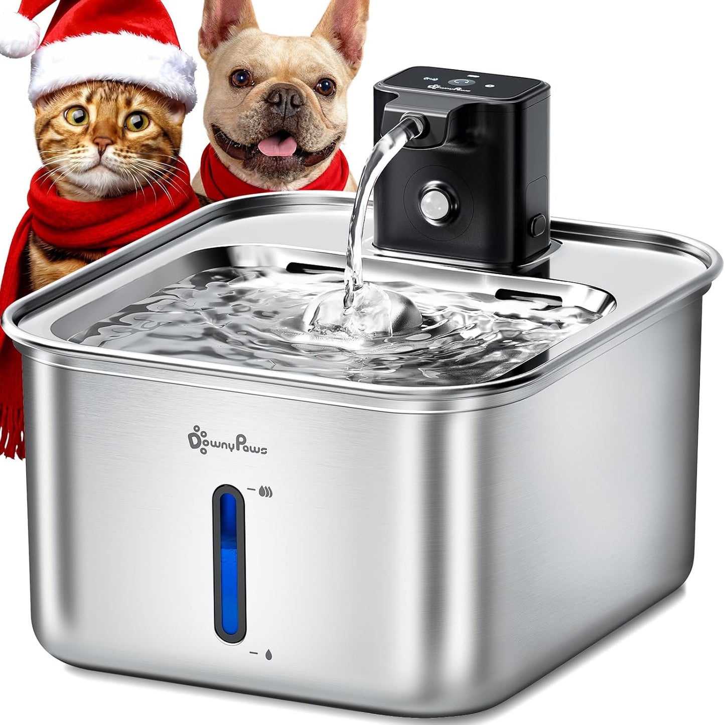 DownyPaws Cat Water Fountain Stainless Steel Wireless, 101 oz/3L FurSink Cordless Water Fountain for Cats, Battery Operated Cat Fountains for Drinking with Motion Sensor, Easy Clean, Metal