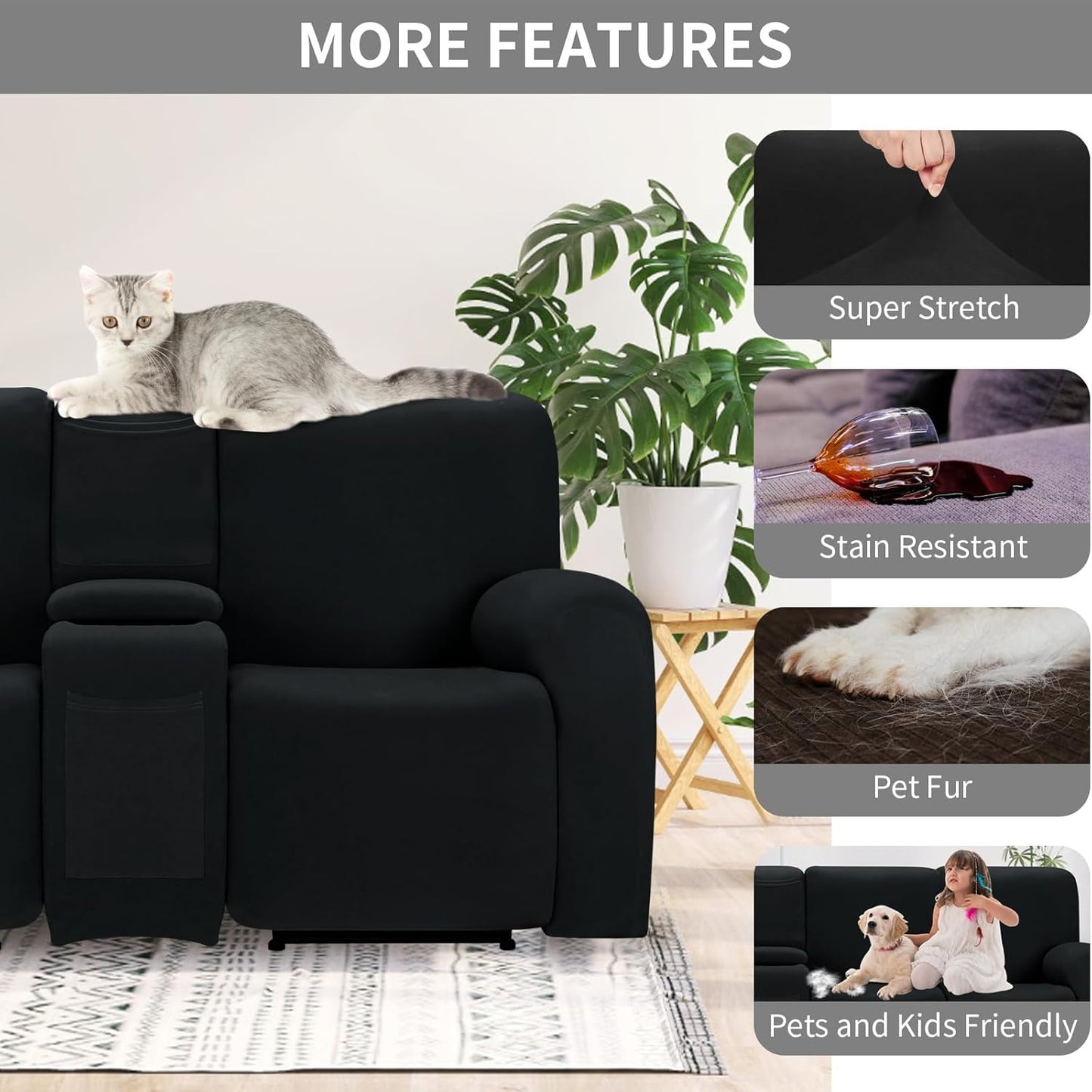 Easy-Going 100% Waterproof Recliner Cover, Stretch Couch Covers for Reclining Couches, Extra Large Sectional Sofa Slipcover, L-Shape Furniture Protector for Kids & Pets, 5 Seater, Black