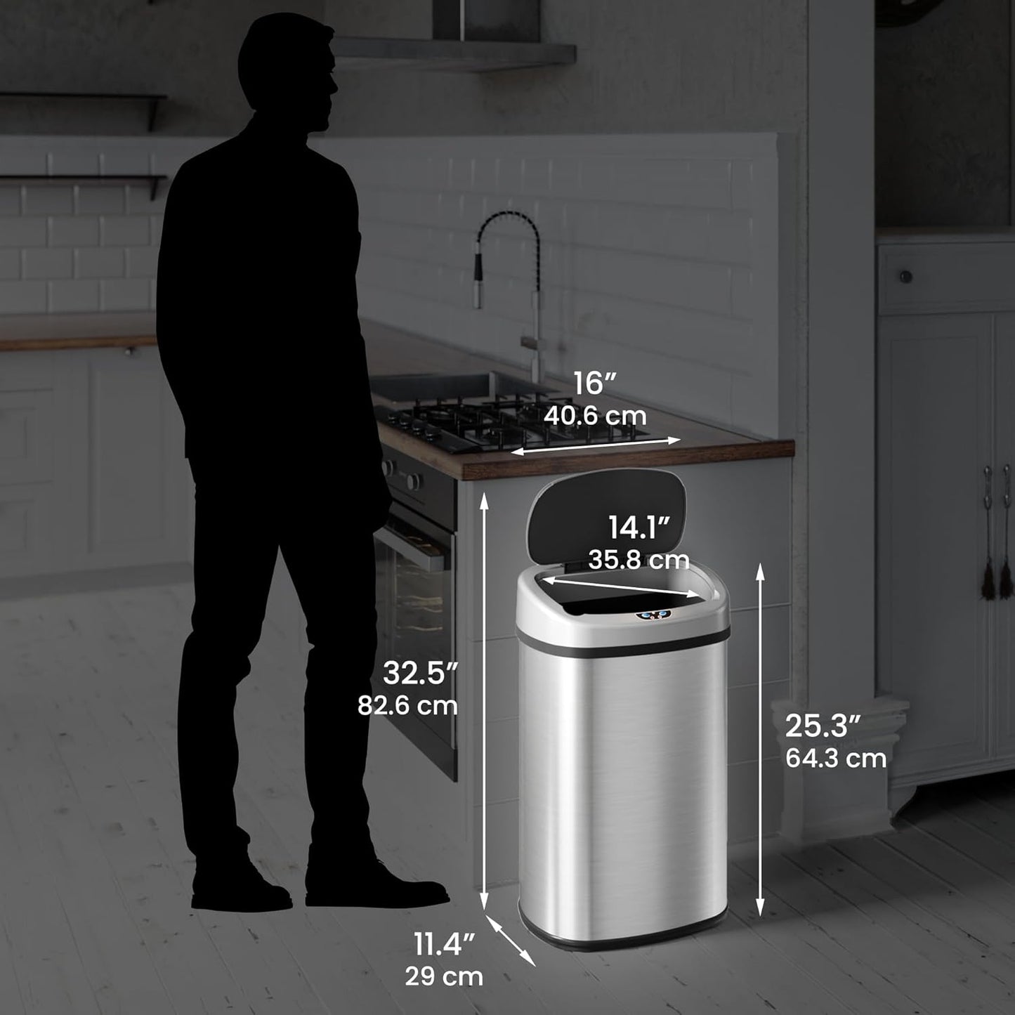 SensorCan 50 Liter / 13 Gallon Kitchen Trash Can with AC Adapter & Odor Filter – Motion Sensor Stainless Steel Garbage Bin for Home, Office, Garage – Slim Oval Shape, Large Capacity Design