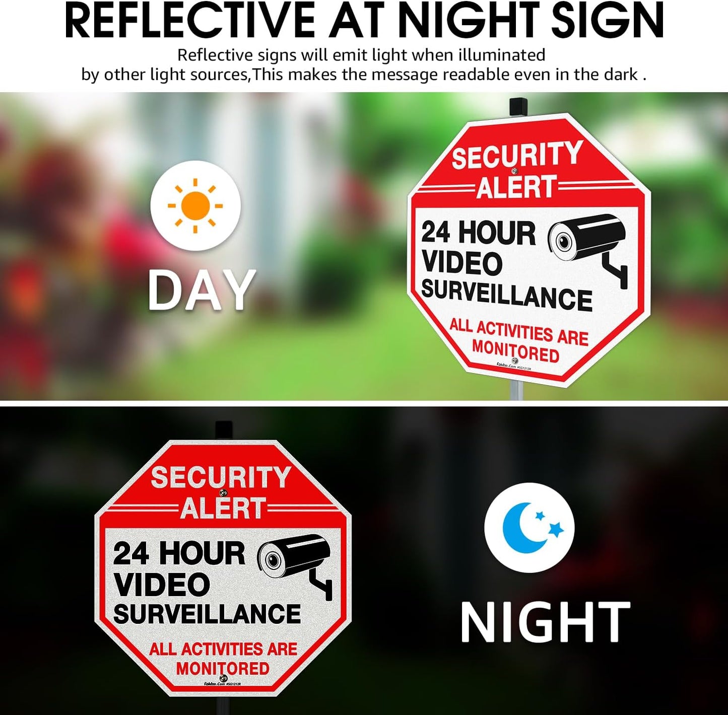 Faittoo Security Sign Video Surveillance Sign with 36" Stake for Outside, 12"x12" Rust Free Heavy Aluminum, Reflective, Fade Resistant, 2 pre-drilled holes, Includes Matching Screws & Wrench