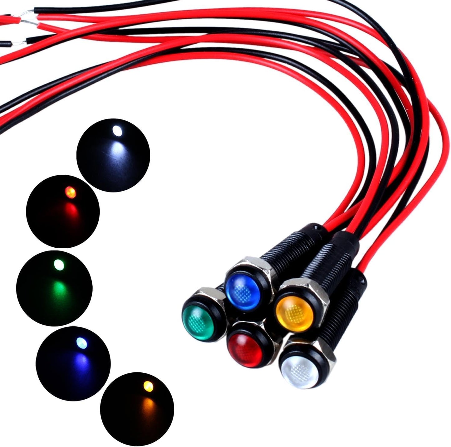 5pcs 6mm LED Indicator Light Plastic Black Signal Dot Lamp 110-220VAC 1/4" Mounting Hole Size with 15cm/5.9in. Wire (Mix:Red White Yellow Blue Green)