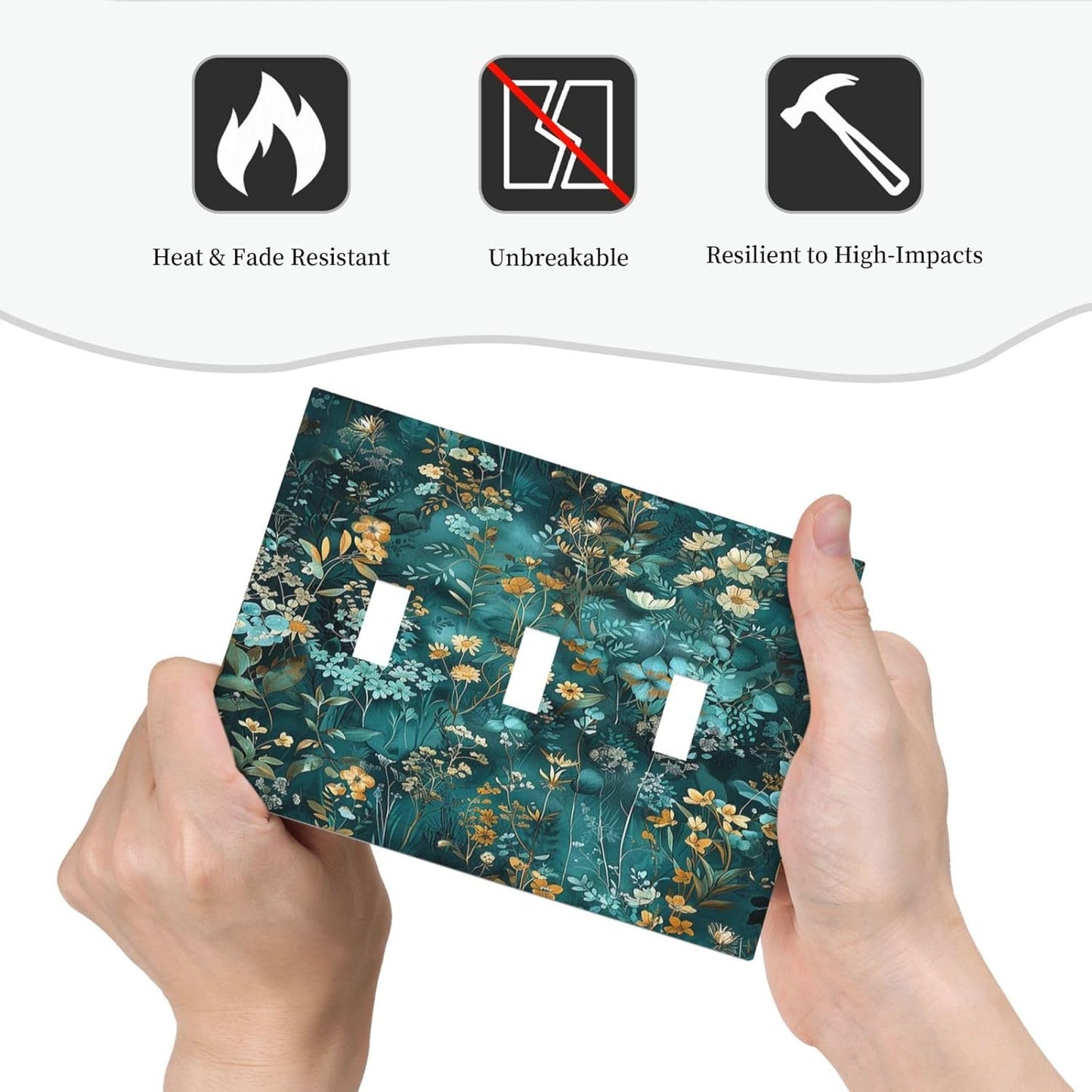 Decorative Switch Plates Green Leaf Floral Boho Golden Flower Plant 3 Gang Wall Plate Triple Toggle Light Switch Cover Faceplate Electrical Wall Panels For Bed Room Cabin Decor