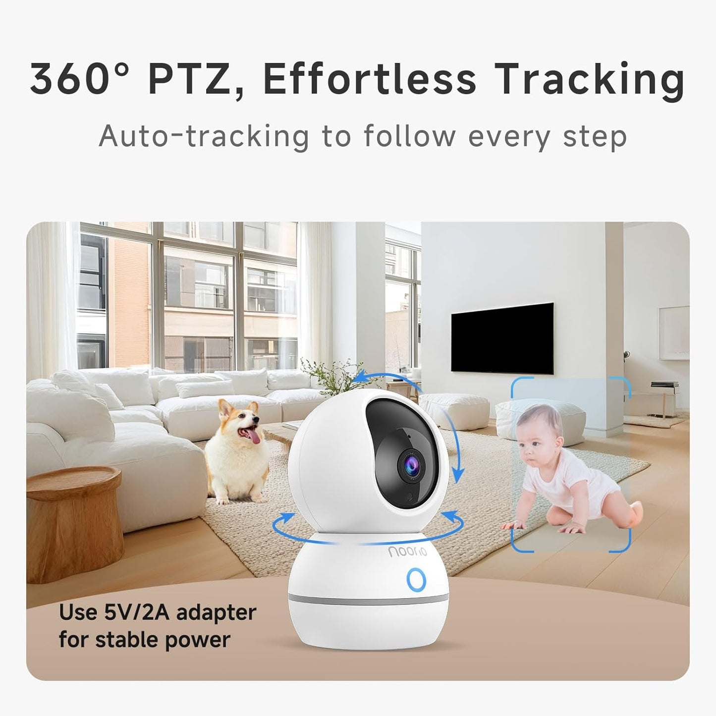 Noorio 2K Indoor Security Camera, Pet Camera with Speaker Pan&Tilt, One Click Call Baby Monitor Night Vision
