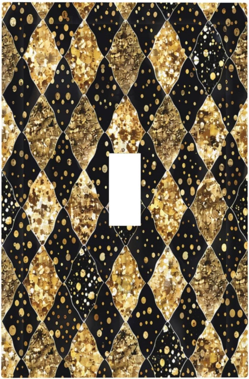 Gold Black Marble Geometric Plaid Glitter Decorative Light Switch Cover 1 Gang Single Toggle Decorator Outlet Wall Plate Device Electrical Faceplate Switchplates for Bedroom Bathroom Decor