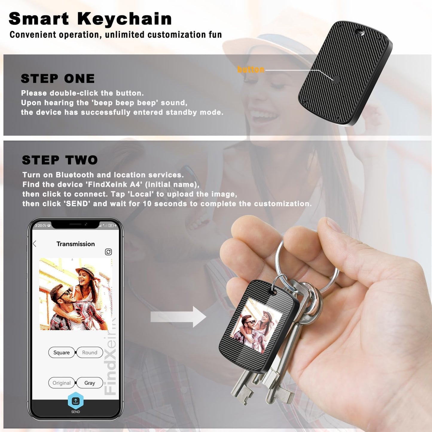 Customized Keychain with Picture,Personalized Photo Keychain with Build-in Find My Tracker,Contact Information,Item Locator for Key,Pets,Luggages,iOS 14.0 and Up,Great Gift for Family and Friends