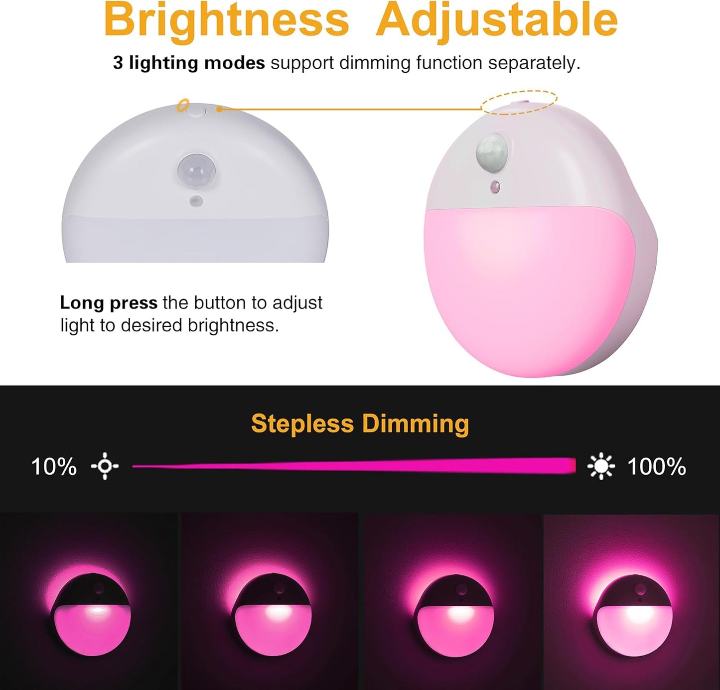 2 Pack Pink Battery Night Light, Motion Activated Night Light, 2.6" Small Sticky Lights, 3 Light Modes, Dimmable Soft Glow for Bedroom, Nursery, Baby, Kids, Sleep, Soothing Fear of The Dark