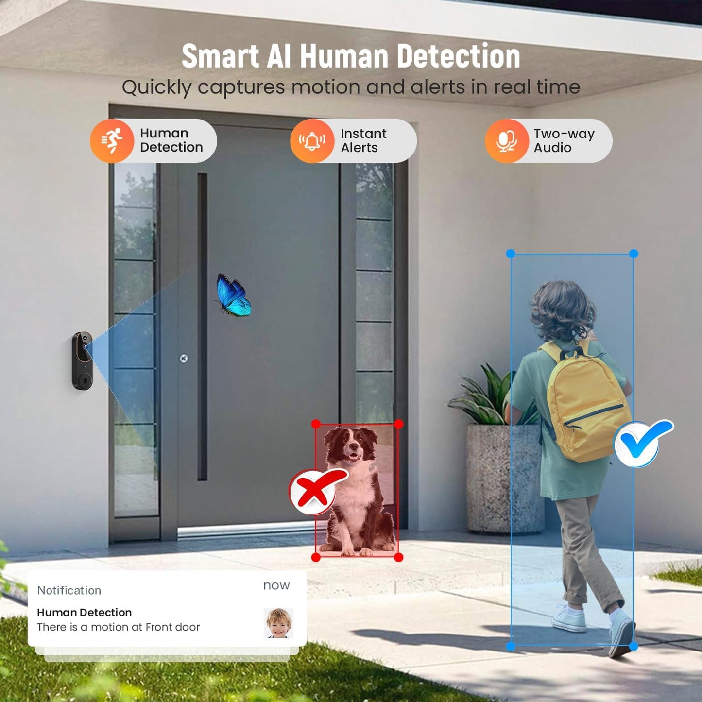 1080p Wireless Video Doorbell Camera, AI Human Detection, Live View, Night Vision, Cloud Storage, 2.4G WiFi, Battery Powered, Indoor Outdoor Surveillance (Comes with Doorbell Receiver)