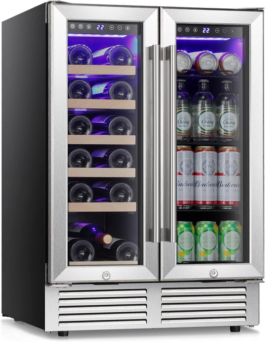 Antarctic Star Wine and Beverage Refrigerator, 24 Inch Dual Zone Wine Cooler with Glass Door, Built in or Under Counter Wine Fridge with Blue LED Light,18 Bottles and 66 Cans Capacity Beverage Cooler