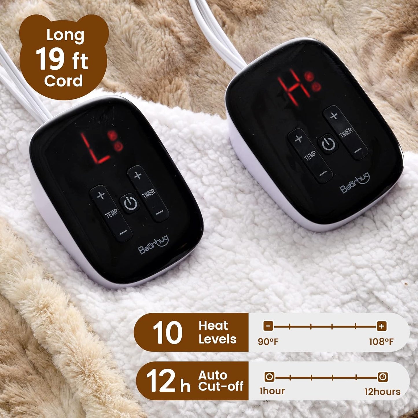Bearhug Electric Blanket Queen Size 84" x 90", Dual Controller Heated Blanket, Faux Fur & Sherpa, 10-Heat Levels & 1-12H Auto Off, Over-Heat Protect, ETL, Machine Washable