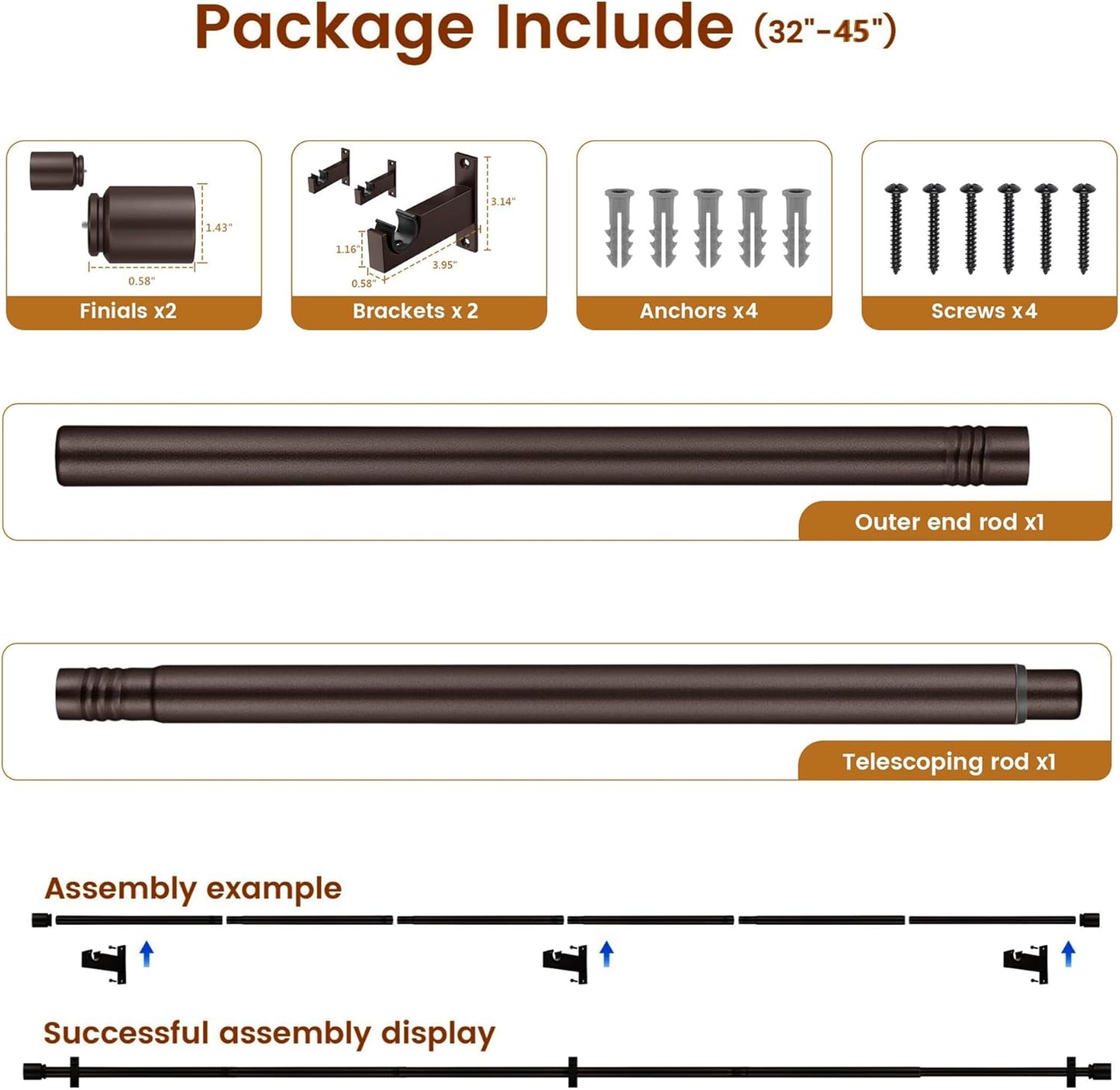 Bronze Aluminium Curtain Rods for Windows,1 Inch Adjustable Curtain Rod 32-45,Heavy Duty Drapery Rods with Thicken Bracket,Decorative Modern Single Rod with Aluminium Finials