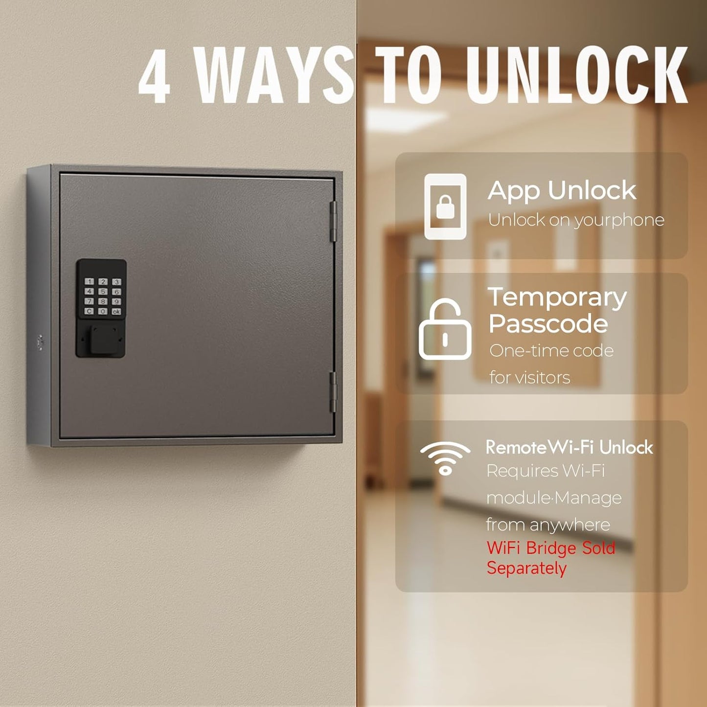 WeHere Smart Key Lock Box, Wall Mounted Key Cabinet with 90 Key Tags, Bluetooth App Control, OTP & Password Unlock, Wi-Fi Remote Unlock (Bridge Required), Steel Key Safe for Office Home Business