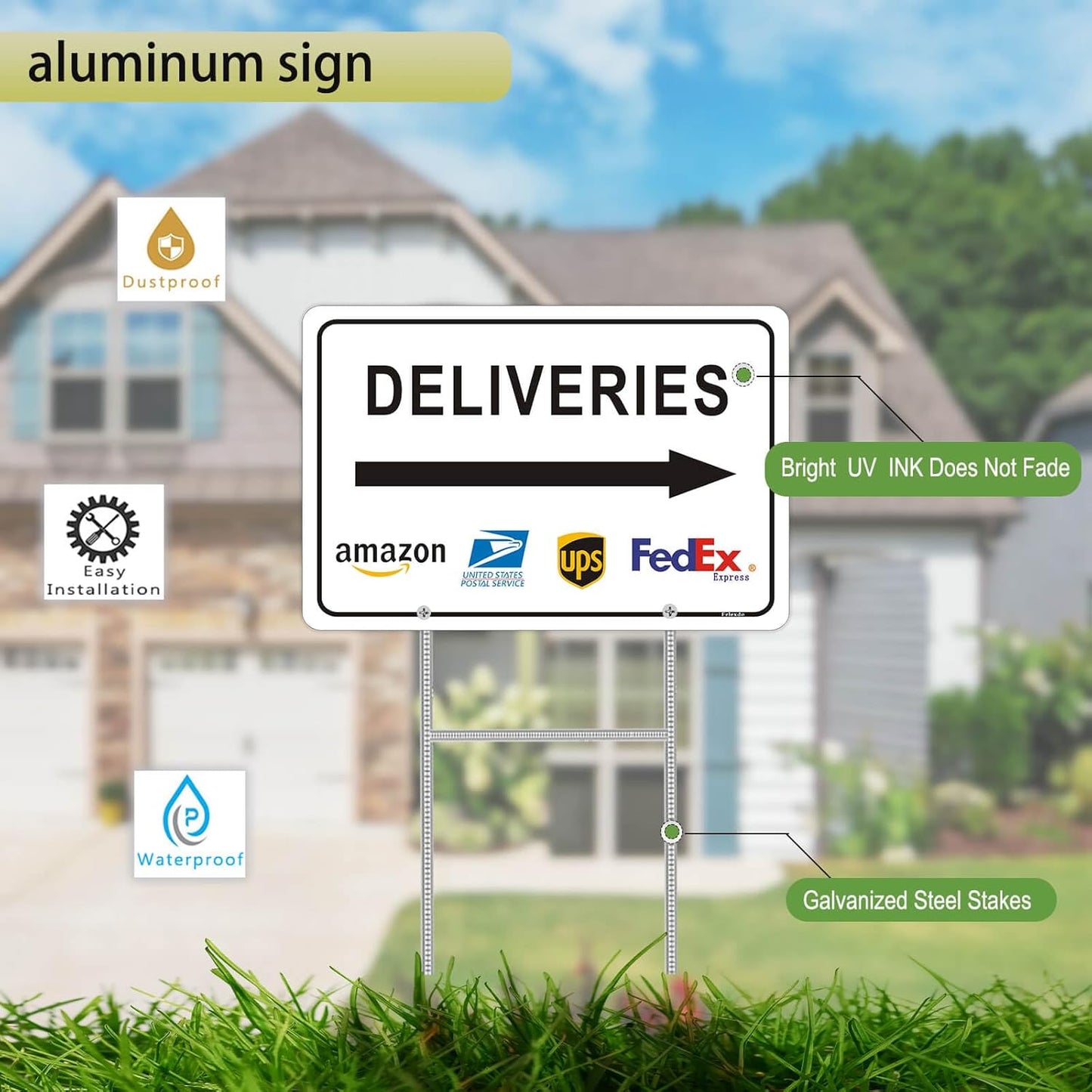 Deliveries Sign with Stake 12”x8” Delivery Sign with Arrow Right Aluminum Metal Delivery Instruction for Packages Easy Installation for Home