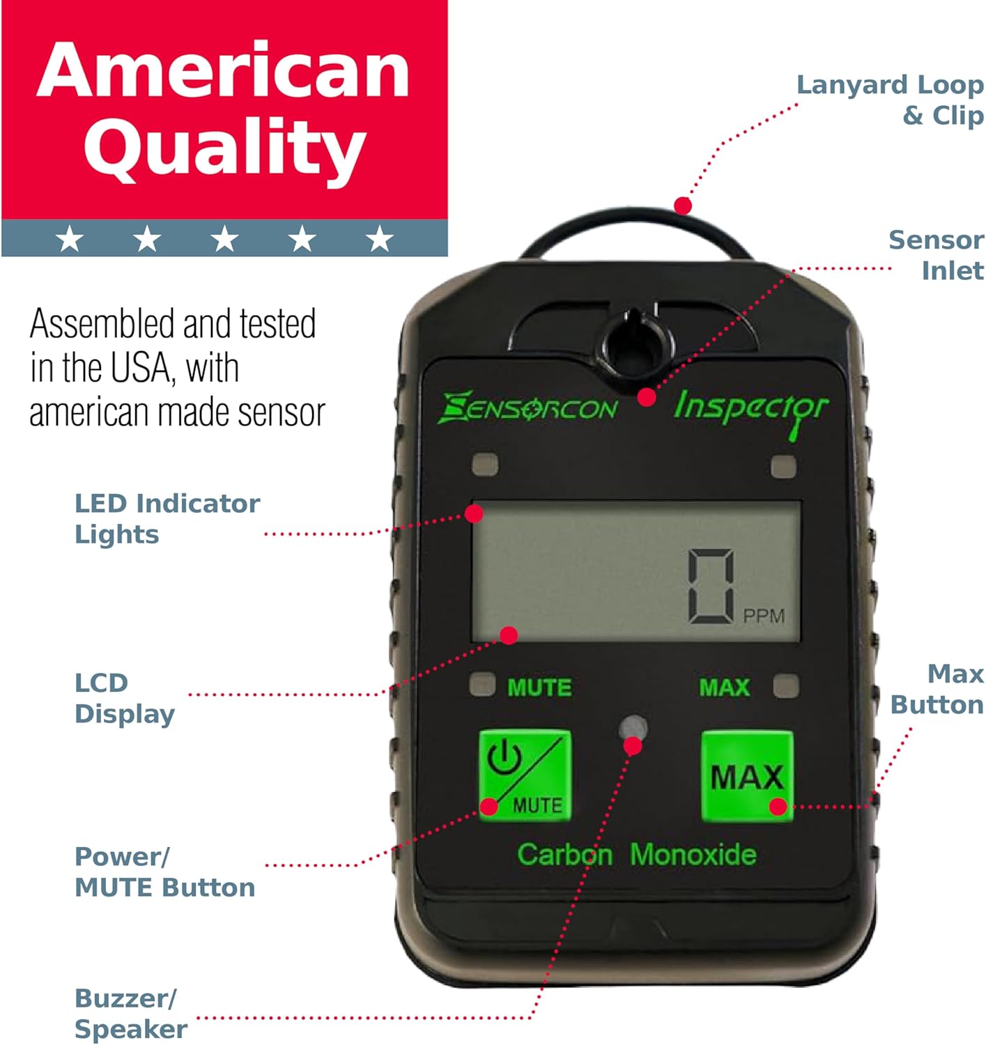 Inspector Portable Carbon Monoxide Detector with Visual and Audio Alarms – Waterproof Digital CO Detector for Personal, Ambient, and Combustion Monitoring