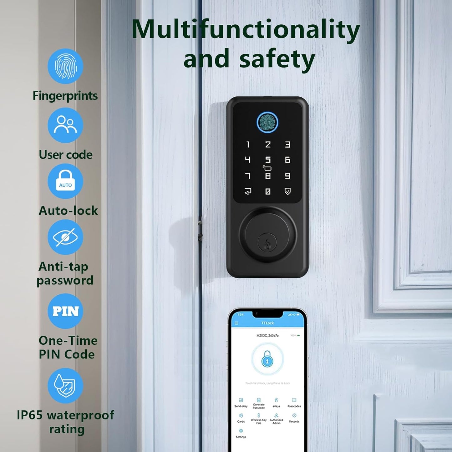 Keyless Entry Lock for Front Door, Fingerprint Door Lock with Touchscreen Keypad, Electronic Deadbolt for Home and Hotel