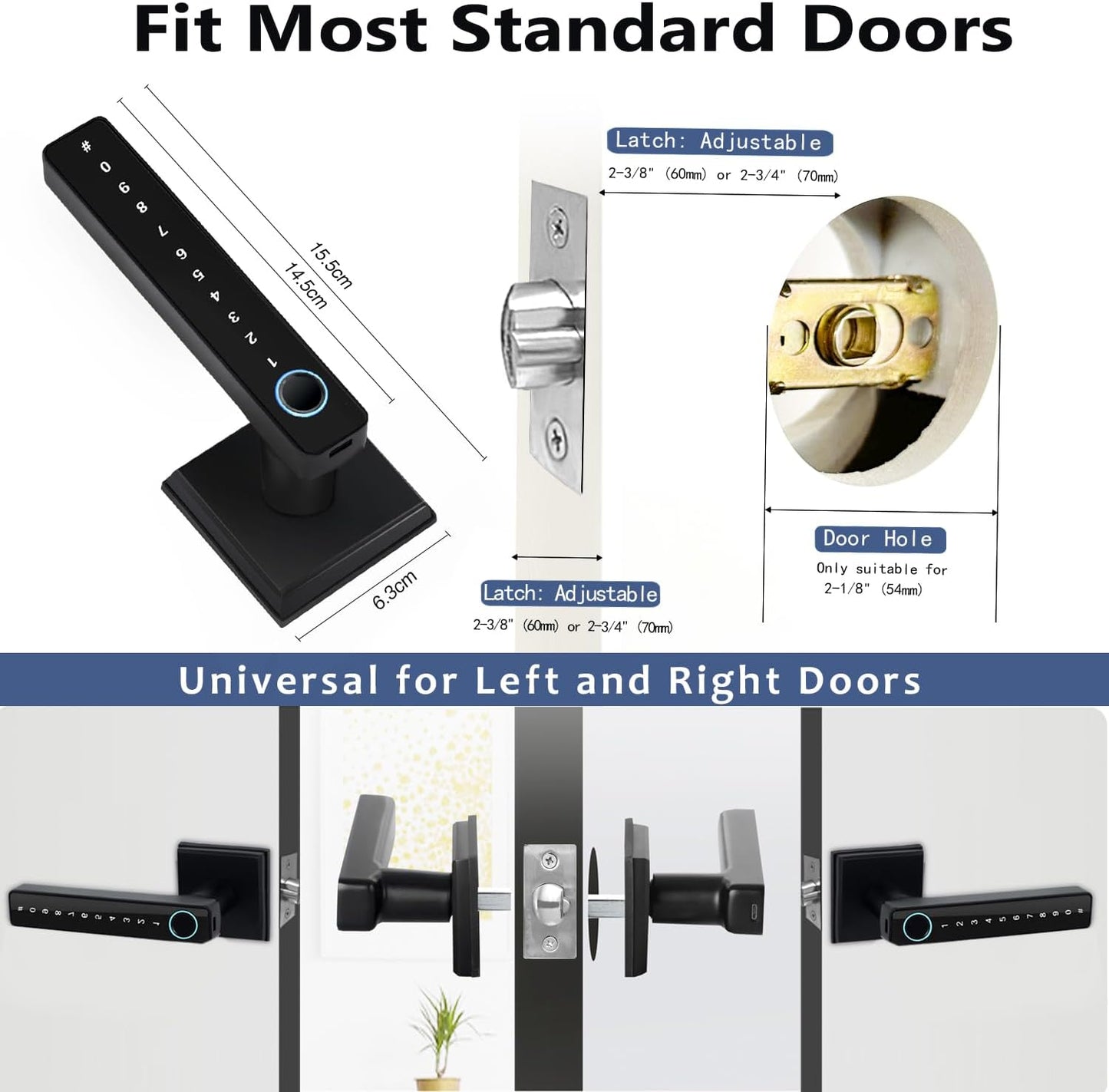 MINIA Keyless Entry Door Lock with Handle,Digital Door Knob,Smart Door Locks,Fingerprint Door Lock for Bedroom,Office and Hotel,Black Door Knobs