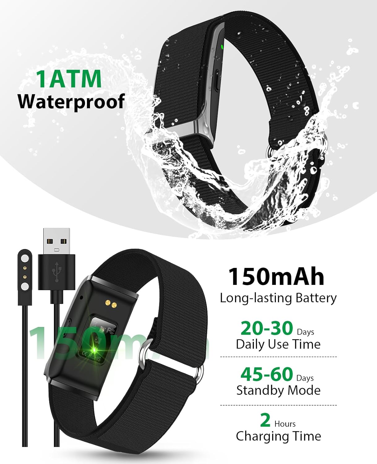 Smart Bracelet, Wearable Activity & Fitness Tracker Band, 24H Sleep Tracker, All-Day Continuous Heart Rate Blood Pressure Stress HRV Monitor, 173 Sport Modes Smart Wristband with 2 Bands, Free APP