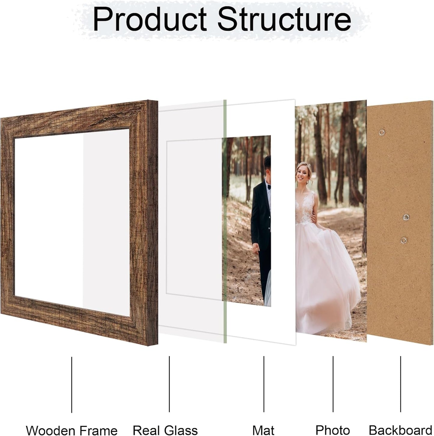 iRahmen 8x8 Picture Frame Set of 4 with HD Glass, Display 6x6 Pictures with Mat or 8 x 8 Without Mat, Rustic Wood Photo Frame for Wall Mount and Tabletop Display