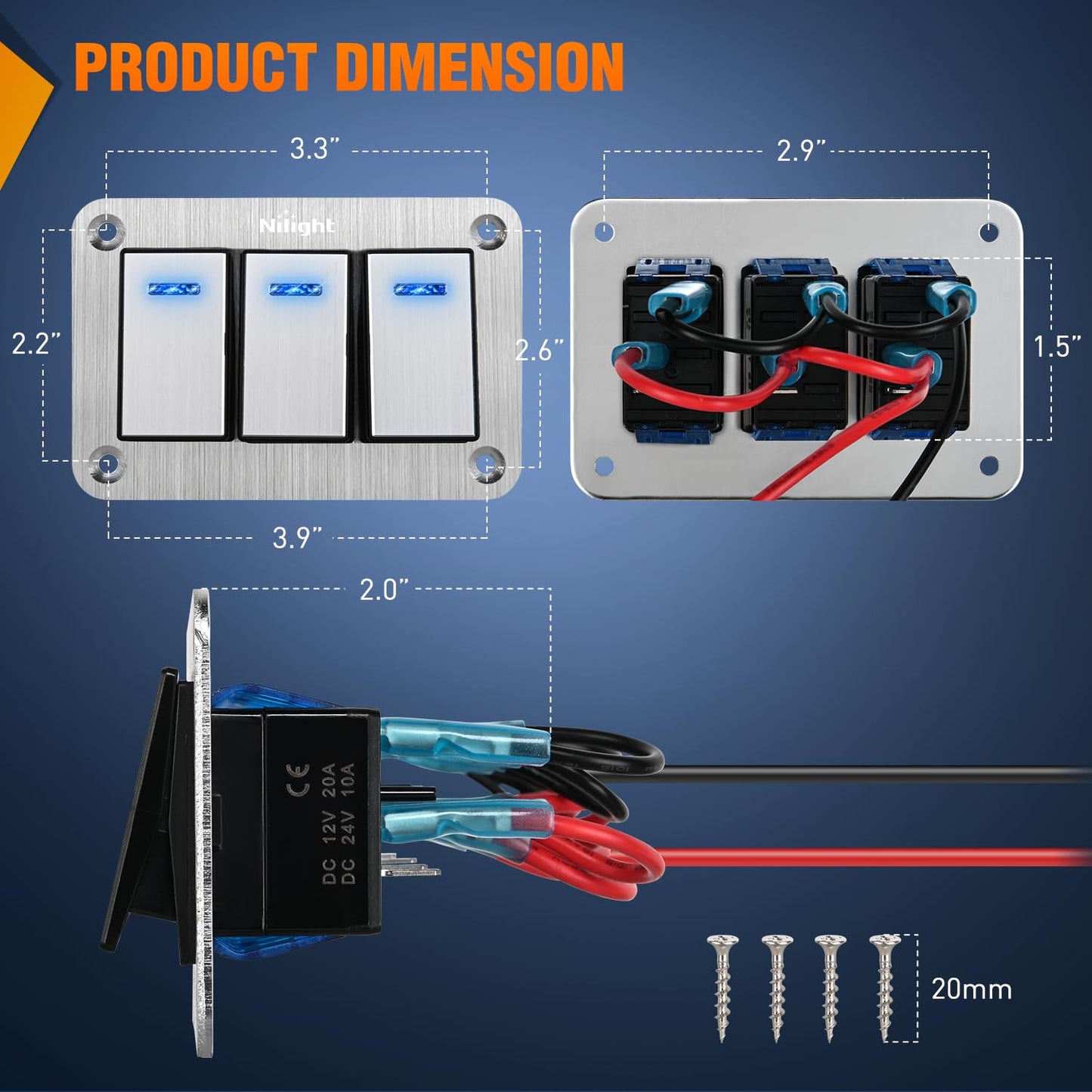 Nilight 3 Gang Rocker Switch Panel 3 Pin On Off Pre-Wired Blue LED Waterproof Aluminum with DIY Stickers for 12V 24V Automotive Cars Marine Boats UTV Truck Jeeps