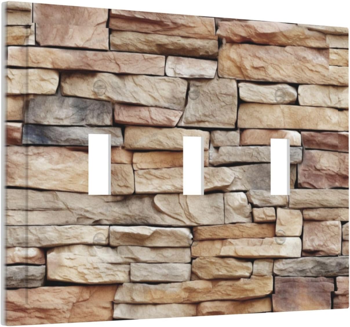 Decorative Switch Plates Stone Textured Brown Brick Natural Stone 3 Gang Wall Plate Triple Toggle Light Switch Cover Faceplate Electrical Wall Panels For Farmhouse Cabin Decor