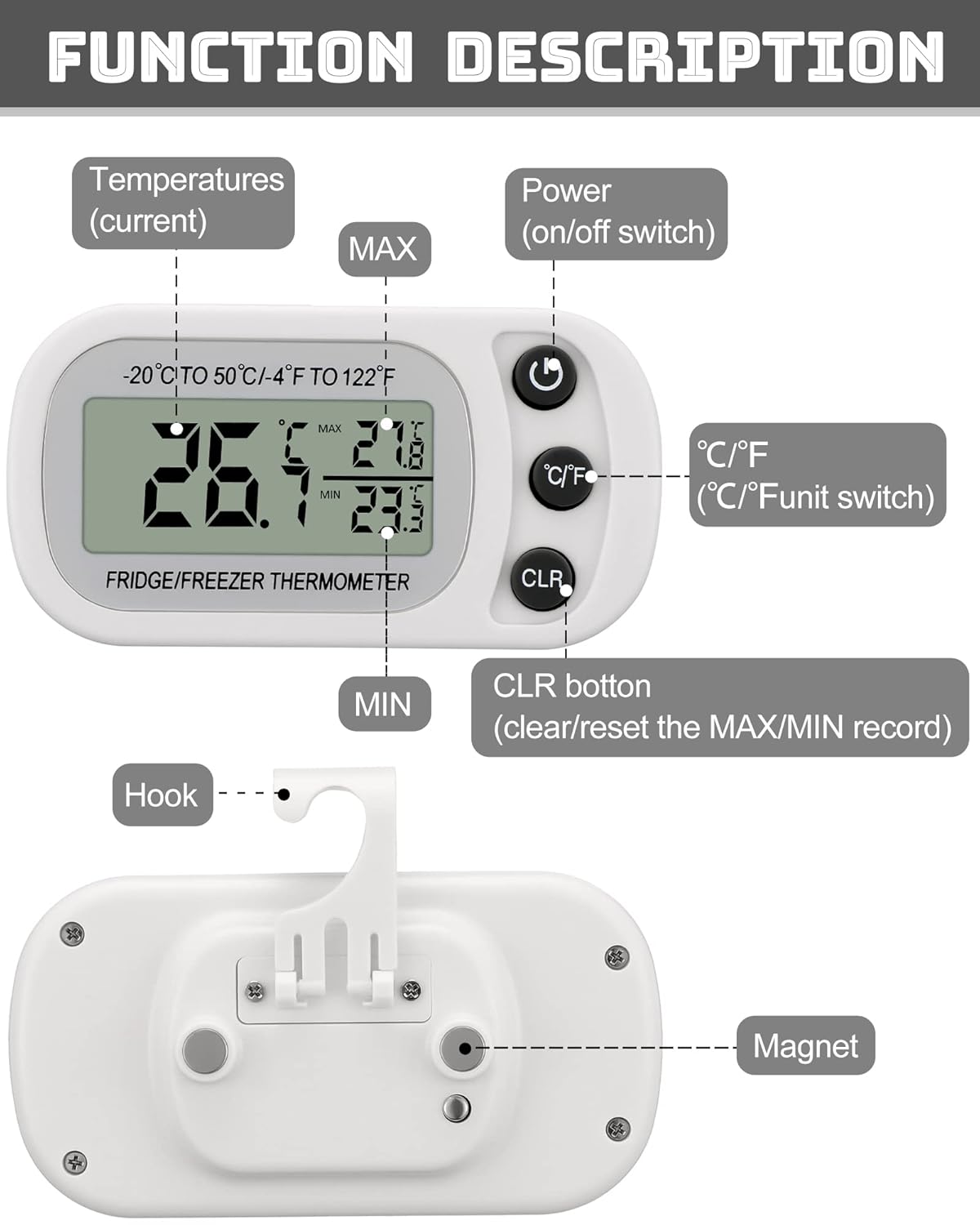 Frienda 12 Pack White Digital Fridge Thermometer Waterproof Refrigerator and Freezer Room Max/min Record Function LCD Screen Refrigerator Thermometer with Hook and Magnetic Back for Home