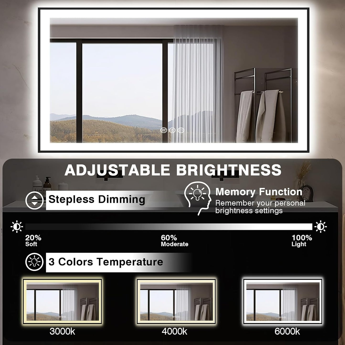 55x36 LED Bathroom Mirrors for Wall -Black Aluminum Trim (Front and Backlit), Anti-Fog Light Up Mirror,Stepless Dimmable Lighted Mirror,3 Colors Smart Mirror(Horizontal/Vertical)