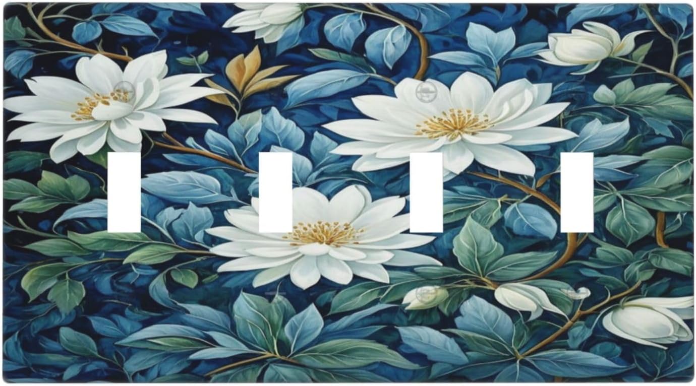White Flowers Green Leaves Light Switch Covers Quad Toggle 4 Gang Wall Plate Decorative Switchplate Electrical Faceplate for Farmhouse Bathroom Living Decor