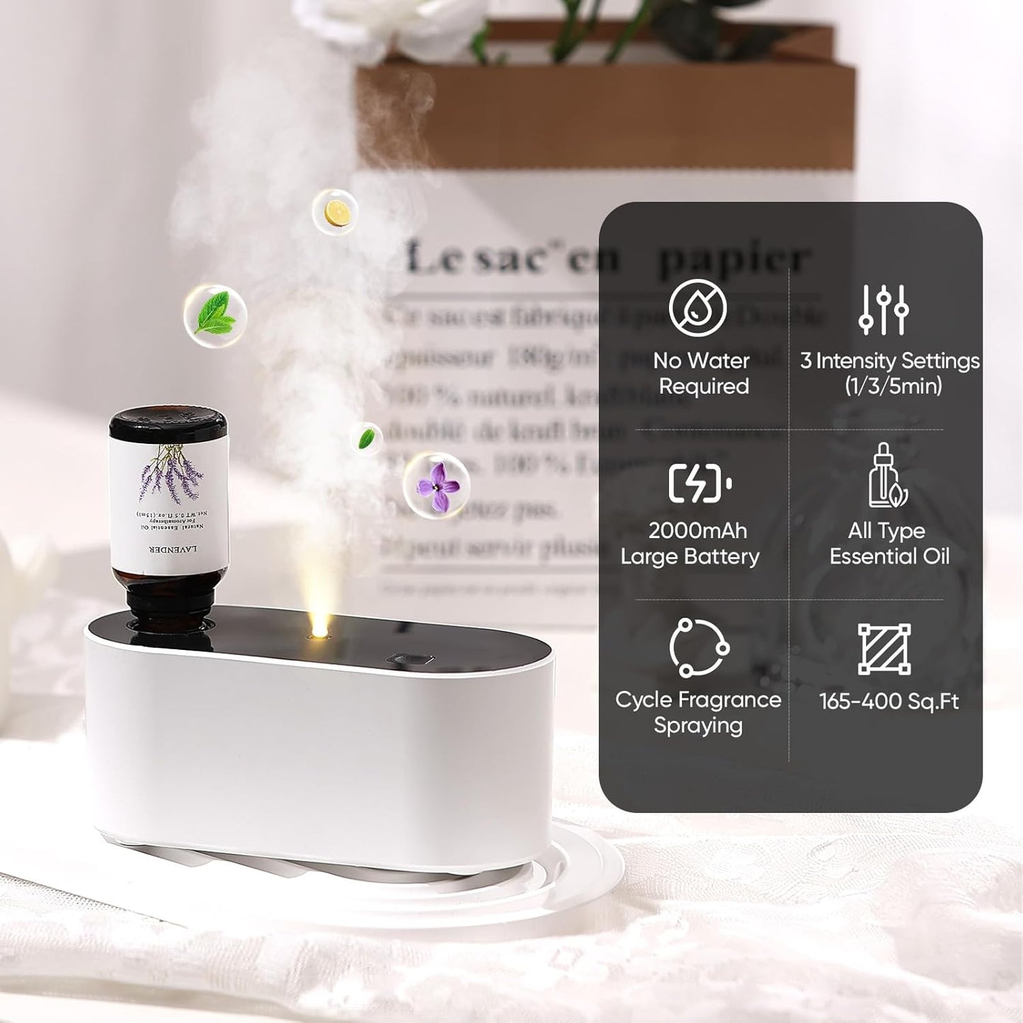Waterless Diffuser for Essential Oil, Battery Operated Scent Air Aromatherapy Diffuser, Mini Aroma Diffusers with 3 Intermittent Mist Modes, Cycle Start for 400-700 sq.ft Home Office Bedroom