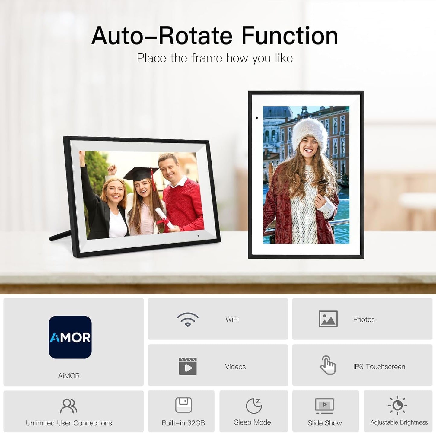 Anna Bella Digital Picture Frame 10.1 Inch IPS HD Touch Screen WiFi Smart Digital Photo Frame with 32GB Storage, Auto-Rotate, Easy Setup to Share Photos or Videos Remotely via AiMOR APP Black