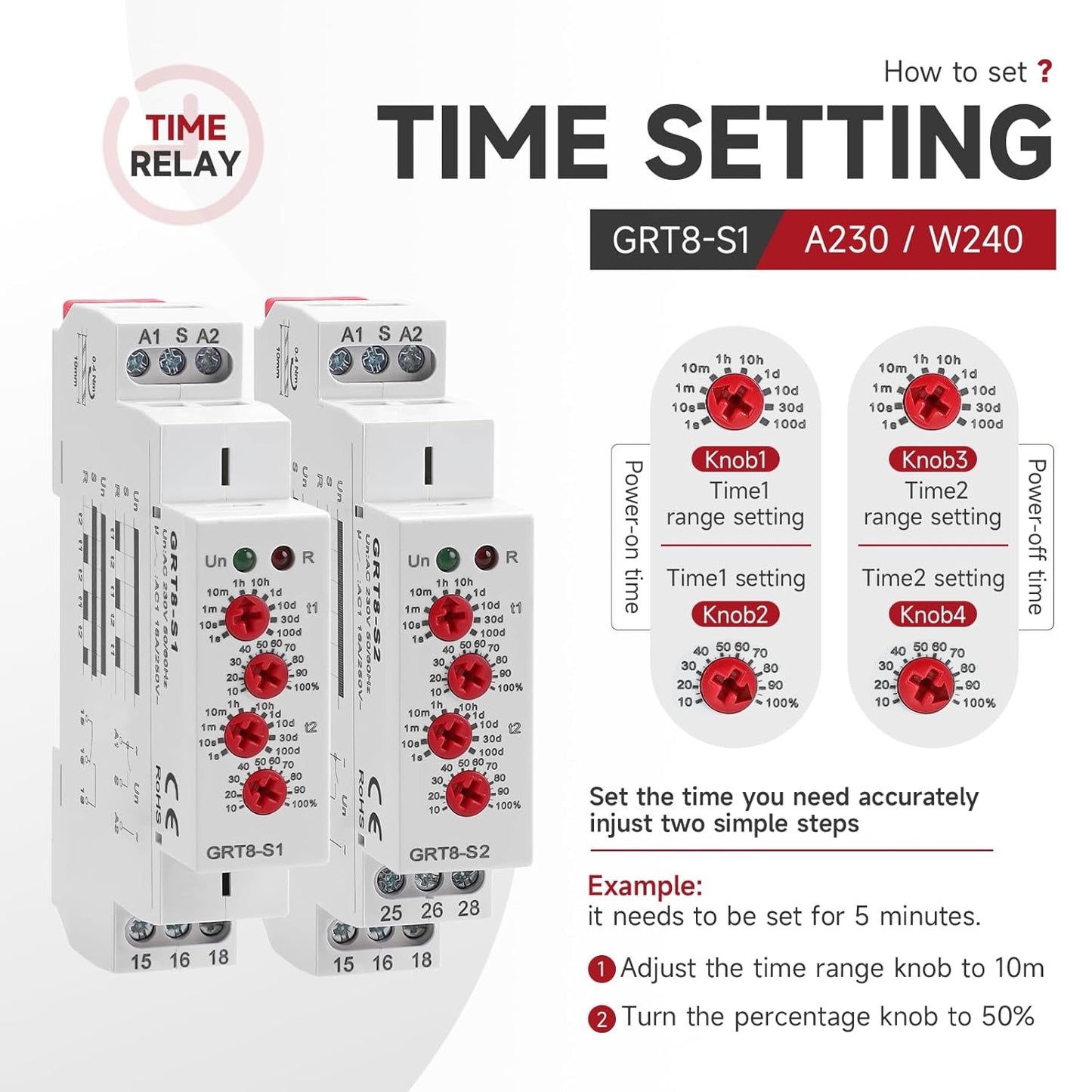 Asymmetric Cycle Timer Relay 1SPDT AC 12V 240V 16A Long or Short Period Repeat Cycle Tntermittent Timer Electronic Relay in Din Rail (GRT8-S1 AC DC 12-240V)