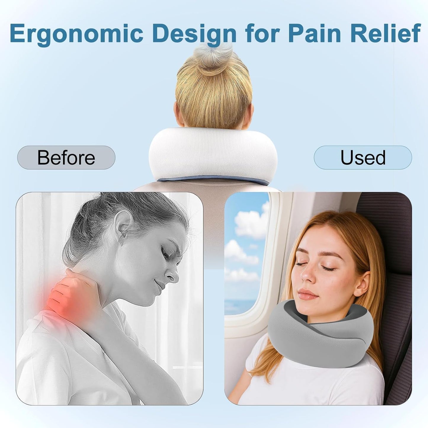Neck Pillow for Traveling,Travel Neck Pillow for Airplanes,Cooling Fabric&100% Pure Memory Foam,Neck Pain Relief,Ergonomic Support for Long Flight (Gray, Compact Size-(Petite Fit)