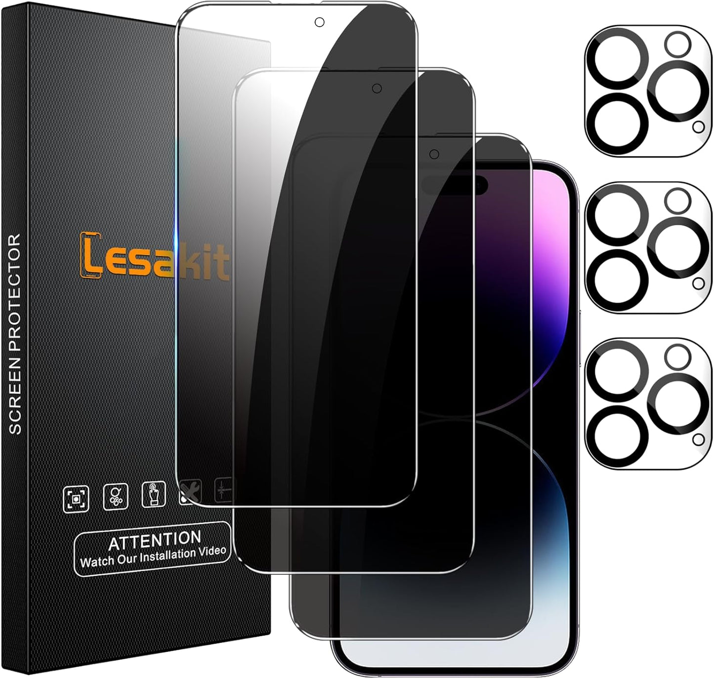 3+3 Pack Privacy Screen Protector for iPhone 14 Pro Max 6.7-Inch with 3 Pack Camera Lens Protector, Anti Spy Tempered Glass Film 9H Hardness Bubble Free Case Friendly