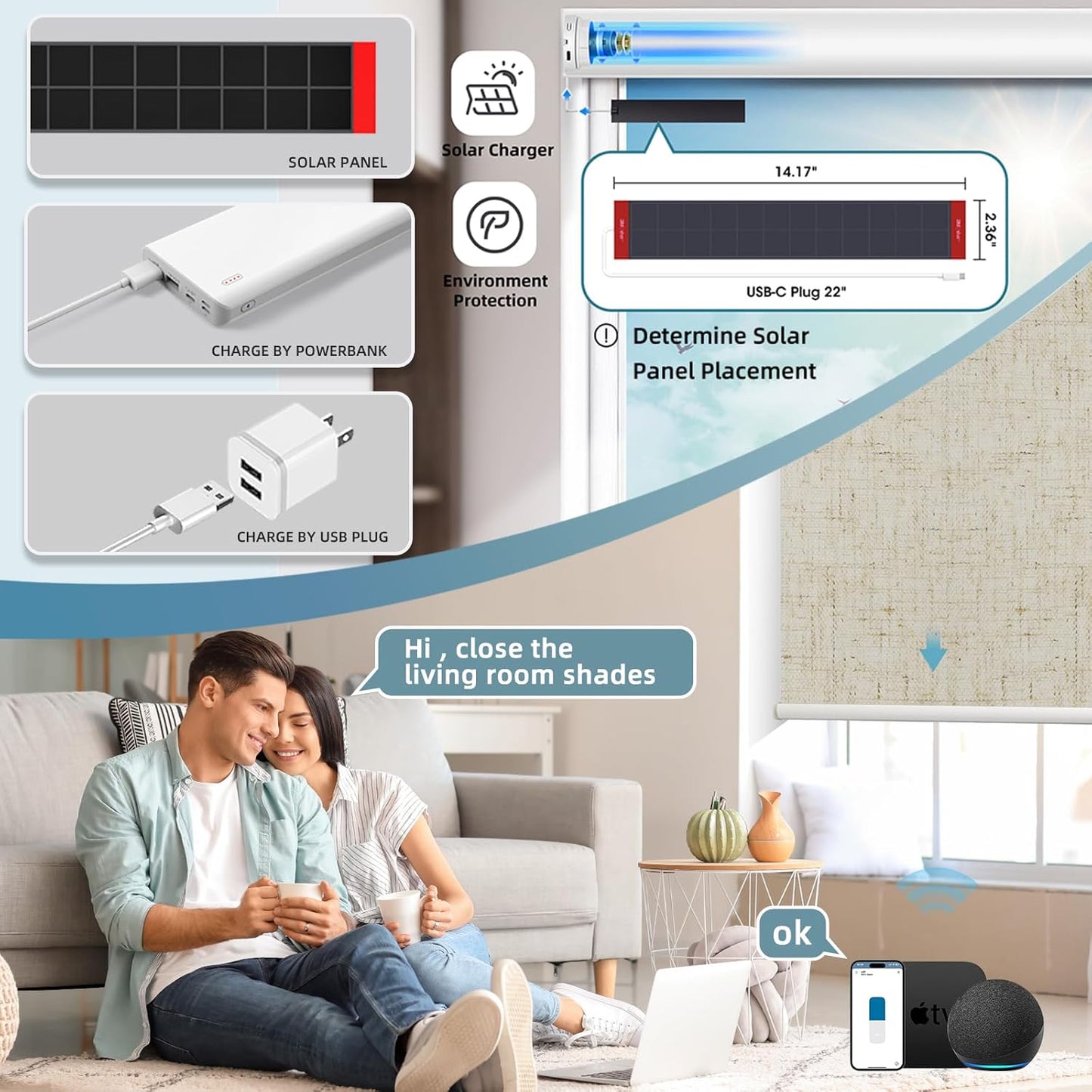 SmartWings Motorized Roller Shades Work with Homekit, 100% Blackout Smart Blinds for Windows, Cordless Remote Control Window Shades, Linen Stone, Customized Size