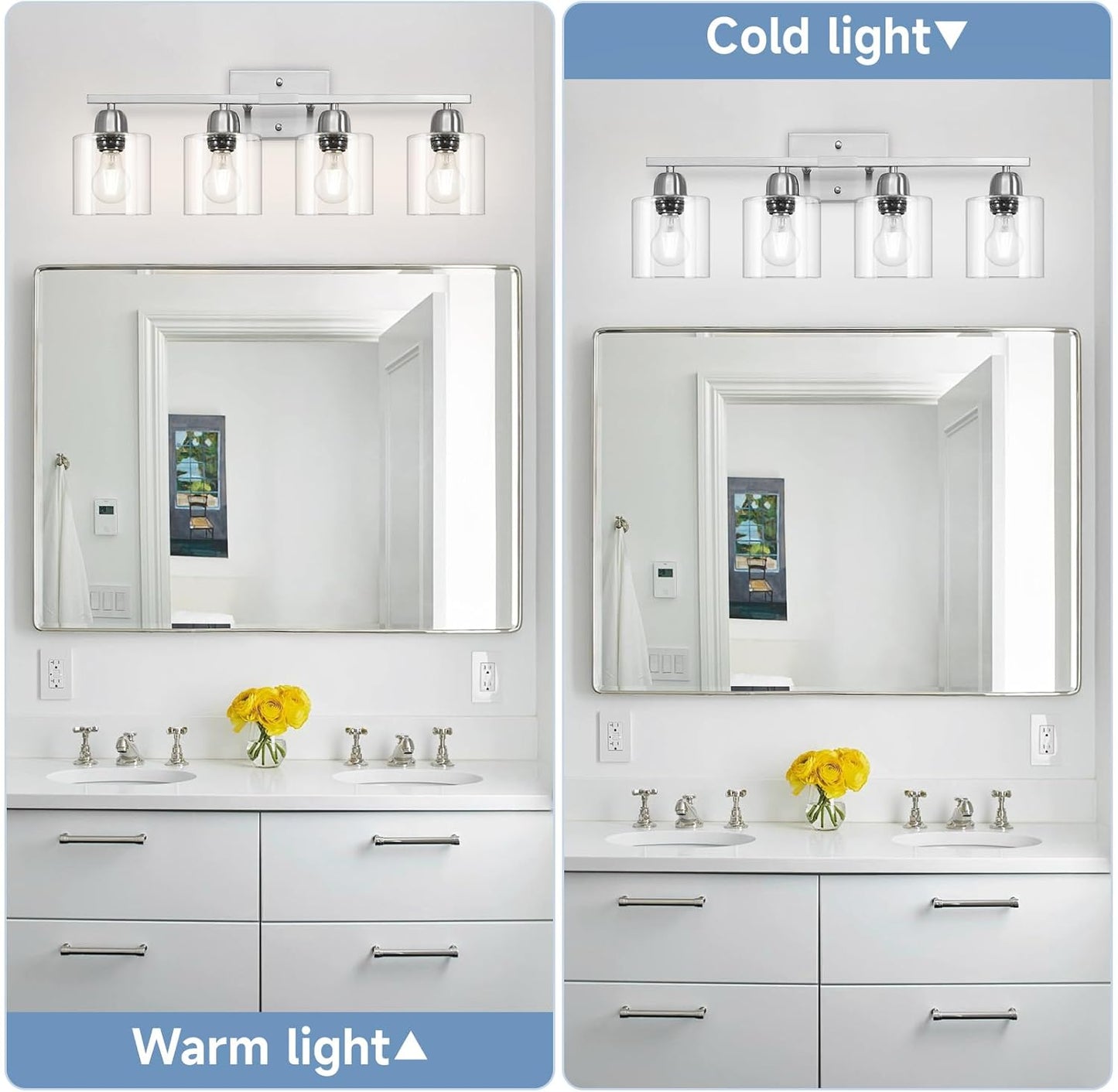Modern Brushed Nickel 4 Light Bathroom Light Fixtures, 24 inch Vanity Lights for Bathroom with Clear Glass, Vanity Lights for Mirror Kitchen Living Room Hallway Cabinet Porch