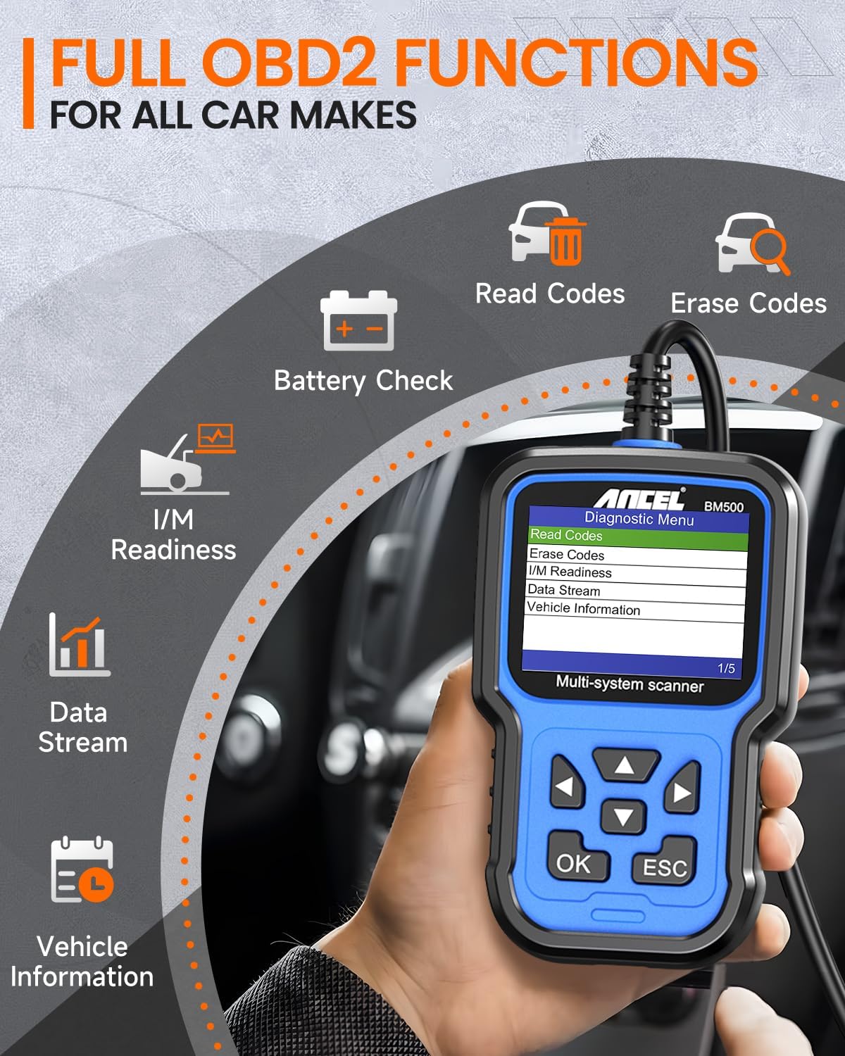 ANCEL BM500 Battery Registration Tool Fits for BMW Mini - All Systems OBD2 Scanner with Engine, ABS, SRS, ESP, SAS System Diagnosis, Car Code Reader for CBS, EPB, ETC, BMS, PCM, Oil Reset