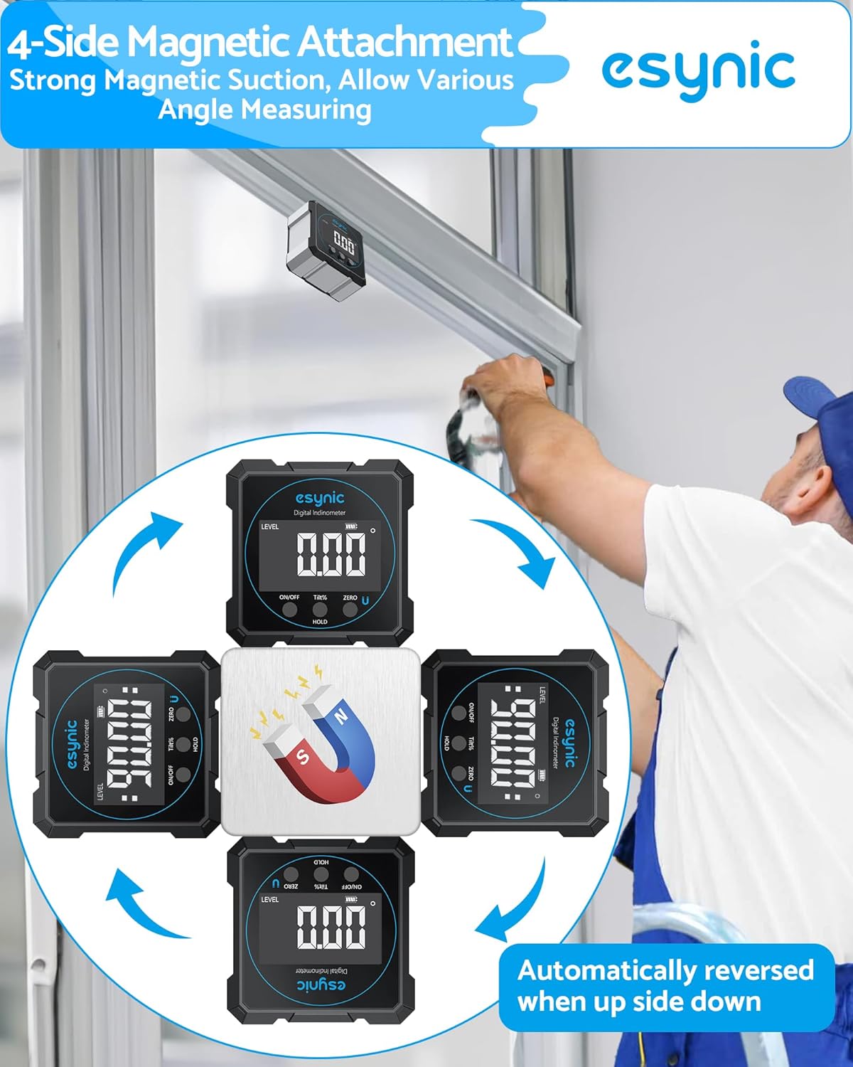 eSynic Digital Level Box - 4-Side Magnetic Digital Angle Gauge with 0.05° High Precision & Large LCD Display- Rechargeable IP54 Waterproof Inclinometer, Aluminum Frame for Woodworking/Construction
