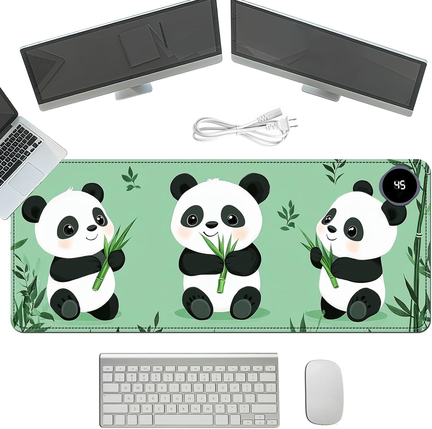 Heated Mouse Pad with 3 Temperature Settings(104°F–122°F),Large 31.5x13 Inch PU Leather Heated Desk Mat,Waterproof Warming Pad for Office,Gaming & Cold Hands Relief,Cute Three Pandas