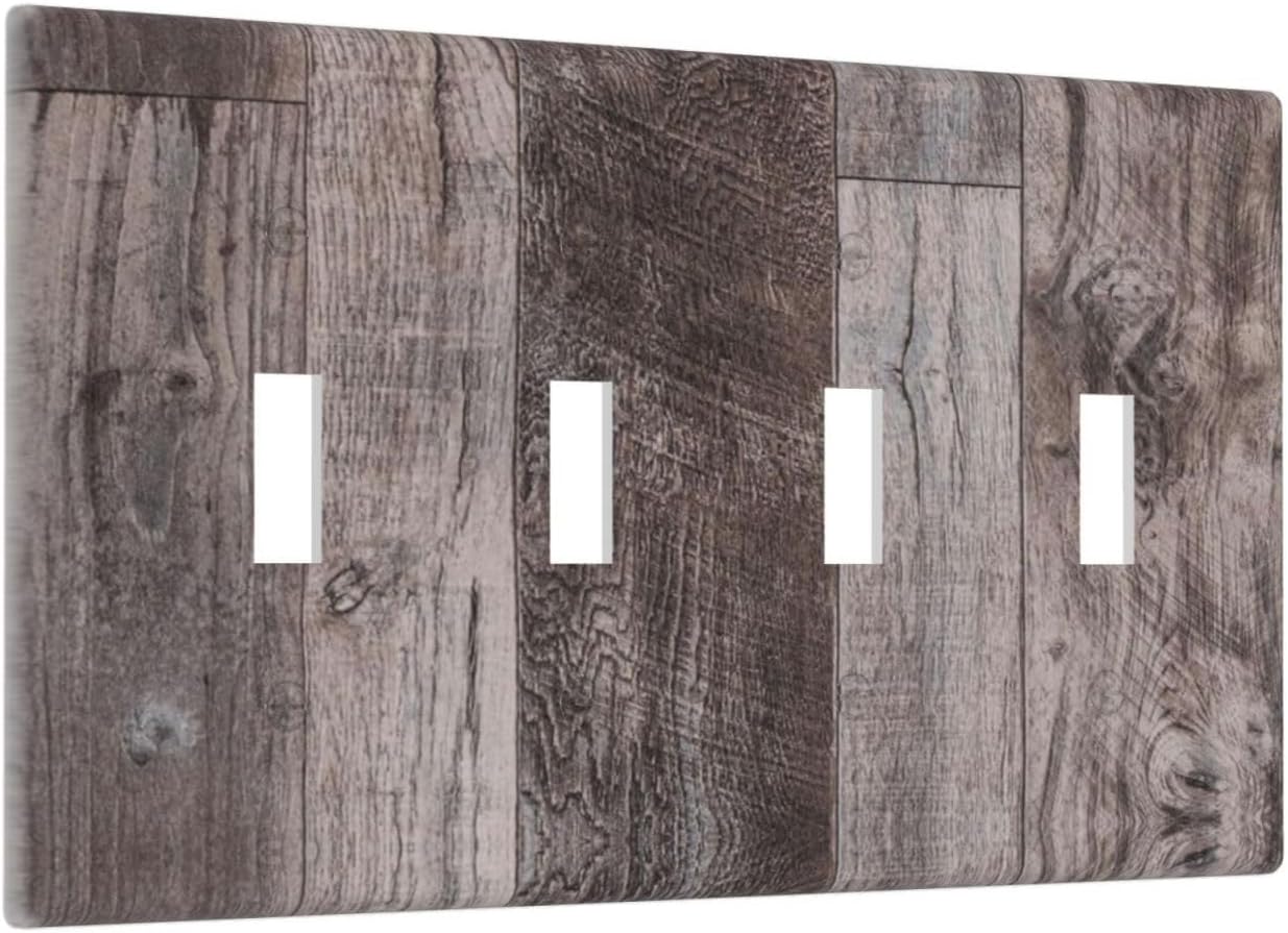 Light Switch Covers Rustic Dark Grey Wood Retro Country Wooden Quad Toggle Electrical Faceplate 4 Gang Wall Plate Decorative Switch Plates for Farmhouse Cabin Decor