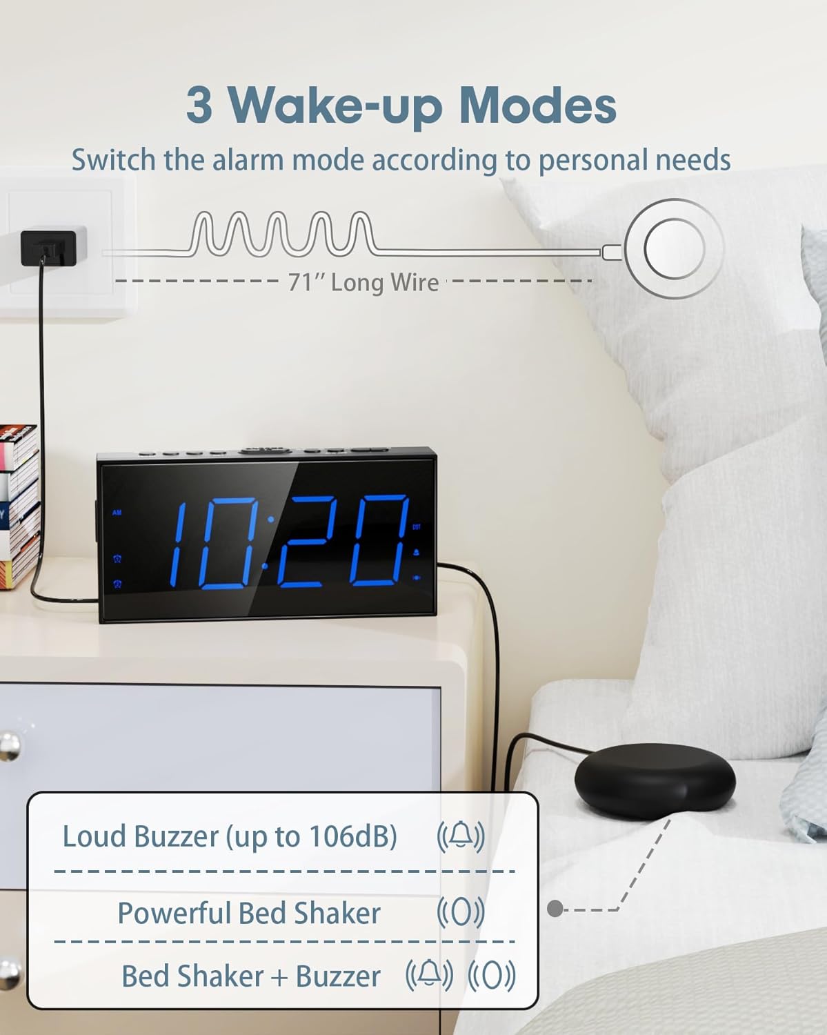 Roxicosly Loud Alarm Clock with Bed Shaker, Vibrating Alarm Clock for Heavy Sleepers/Hard of Hearing/Deaf/Teens, Dual Alarms with 7.5’’ Large LED Display, USB Charger, Dimmer, Snooze & Battery Backup