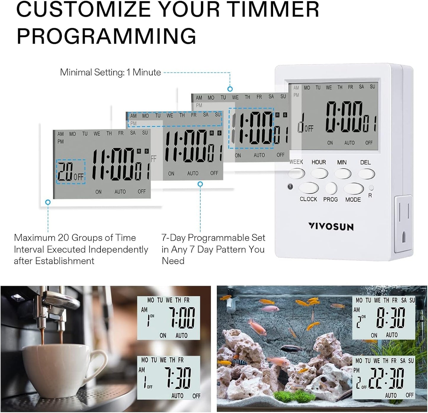 VIVOSUN 7 Day Programmable Digital Timer with Dual Outlet, 20 On/Off UL Listed Heavy Duty Plug-in Outlet Timer with Countdown Setting, Indoor for Lamp, Fan, Heater, Humidifiers, Aquarium (2 Pack)