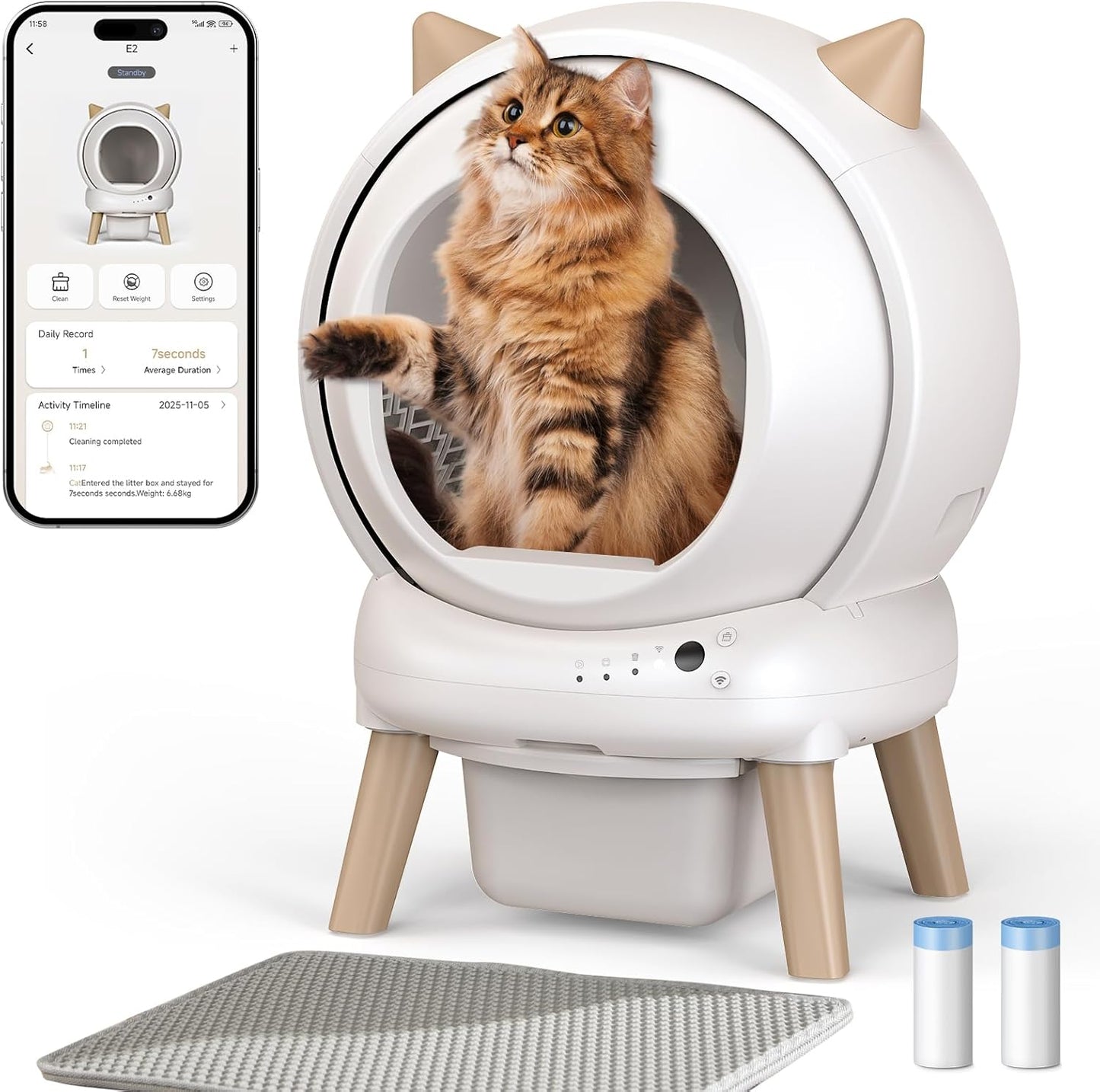 Self Cleaning Litter Box - E2 Automatic Cat Litter Box Large Smart Self Cleaning Robot for Cats, Double Safety Protection, App Control, 2 Roll Garbage Bags & Mat