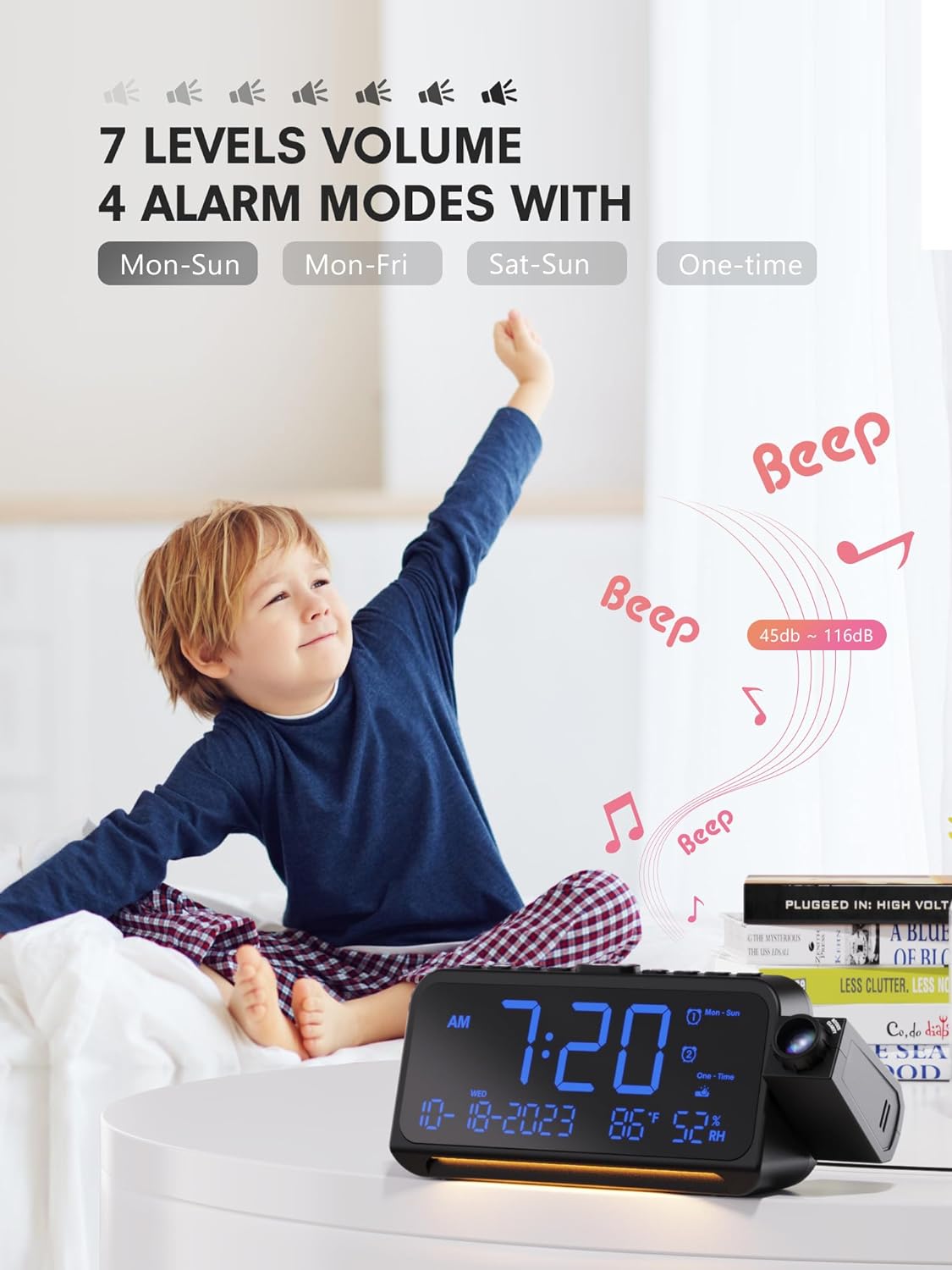 Mesqool Projection Alarm Clock for Bedroom Ceiling, Digital Clock Projector with Weekday/Weekend Mode, Date, Temperature, Humidity, Type-C USB Charger, Snooze, Dual Alarms, Dimmer,12/24H