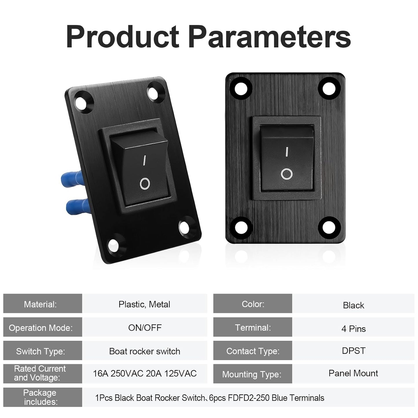 1Pcs Black KCD4 Boat Rocker Switch 2-Position 4-Pin DPST Panel Switch 16A 250VAC 20A 125VAC, with 6pcs FDFD2-250 Blue Terminals, CE