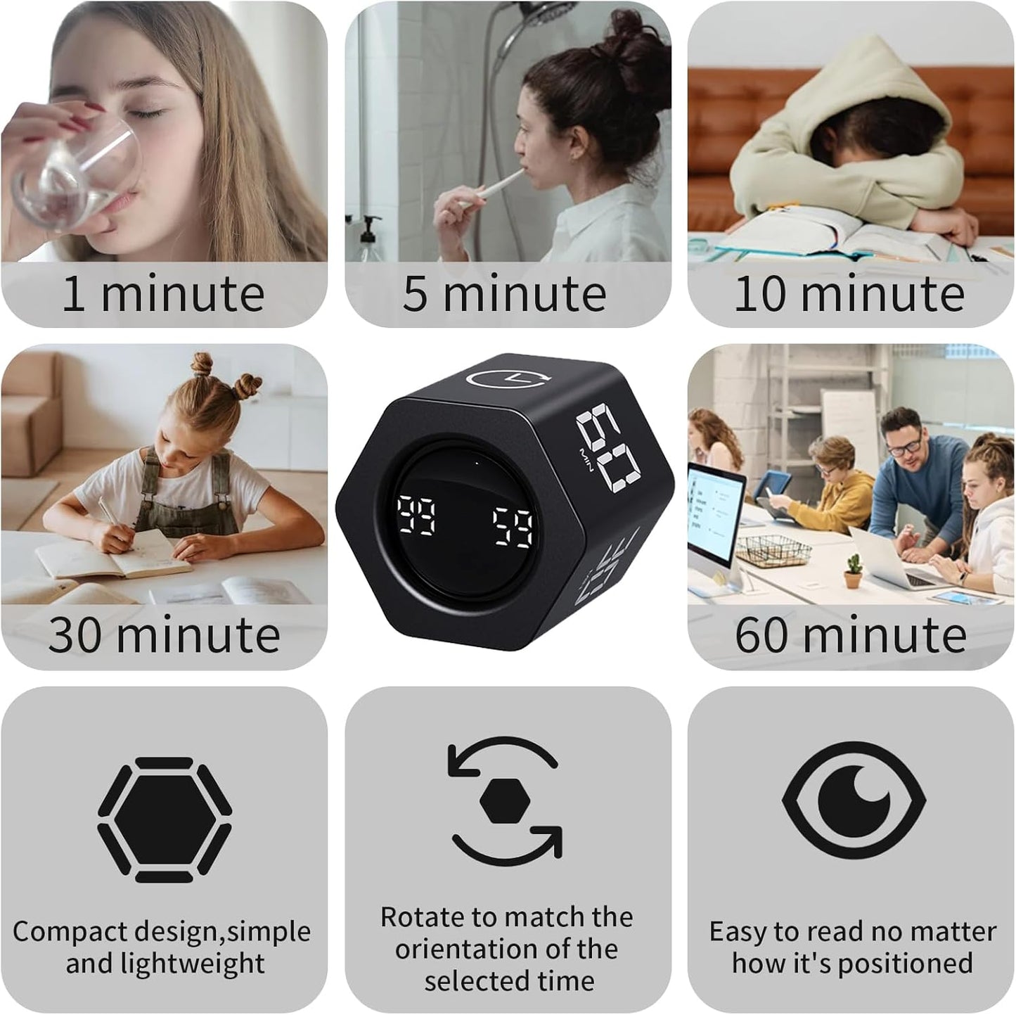 Productivity Timer Flip Gravity Sensor Pomodoro Cube Timer Countdown & Countup,1/5/10/30/60min Preset & Custom Timing, Mute/Vibrate/Sound for ADHD,Work,Study,Kitchen(1, Black Hexagon)