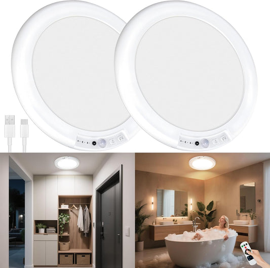 maylit 2 Pack Rechargeable Ceiling Lights, Motion Sensor Lights No Wiring, Wireless Closet Lights Battery Operated, for Bathroom Laundry Room Kitchen Porch Stair Hallway Shower Pantry Garage