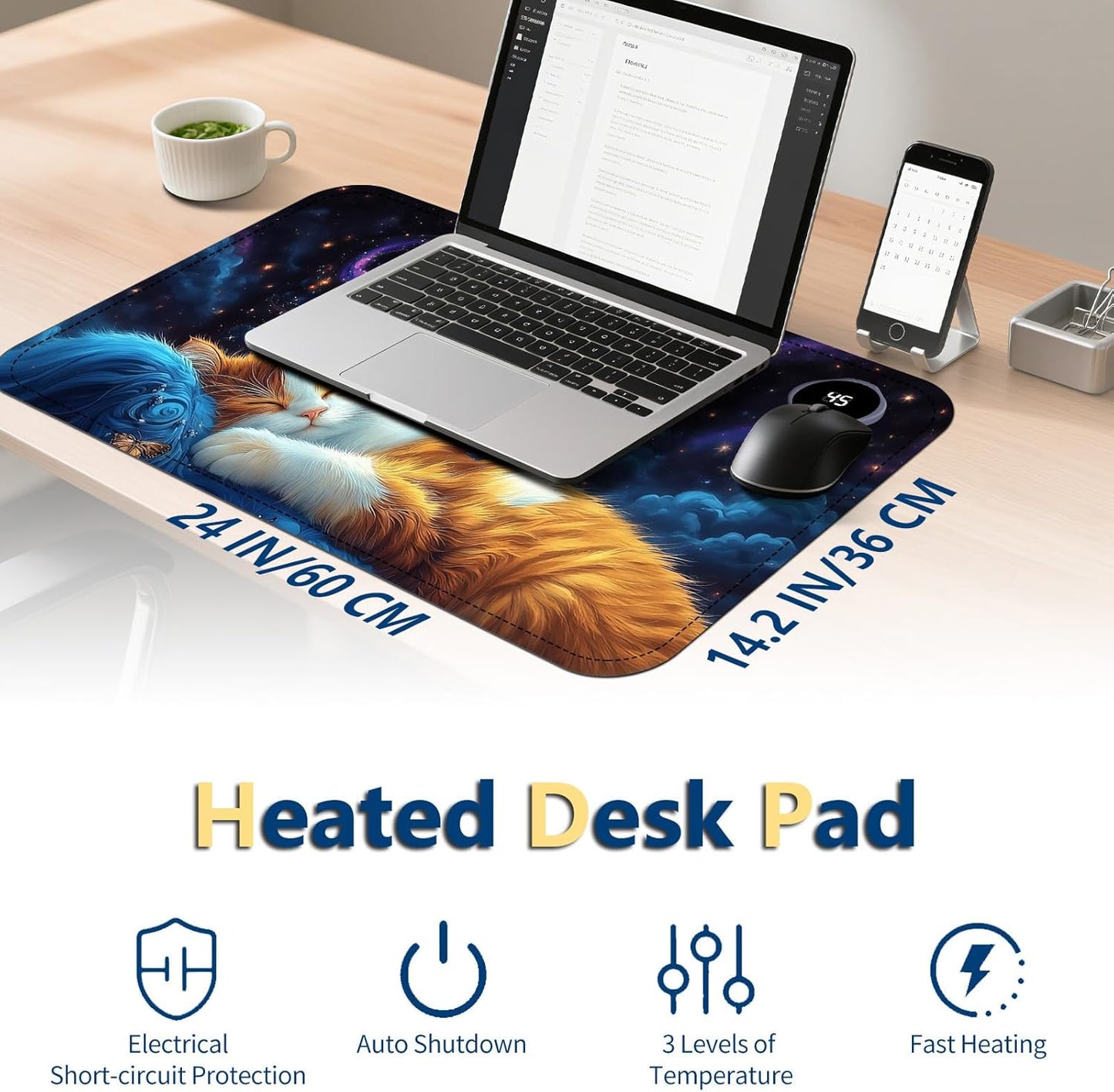 Heated Mouse Pad with 3 Temperature Settings(104°F–122°F),Large 24x14.2 Inch PU Leather Heated Desk Mat,Waterproof Warming Pad for Office,Gaming & Cold Hands Relief,Cat Bule Butterfly