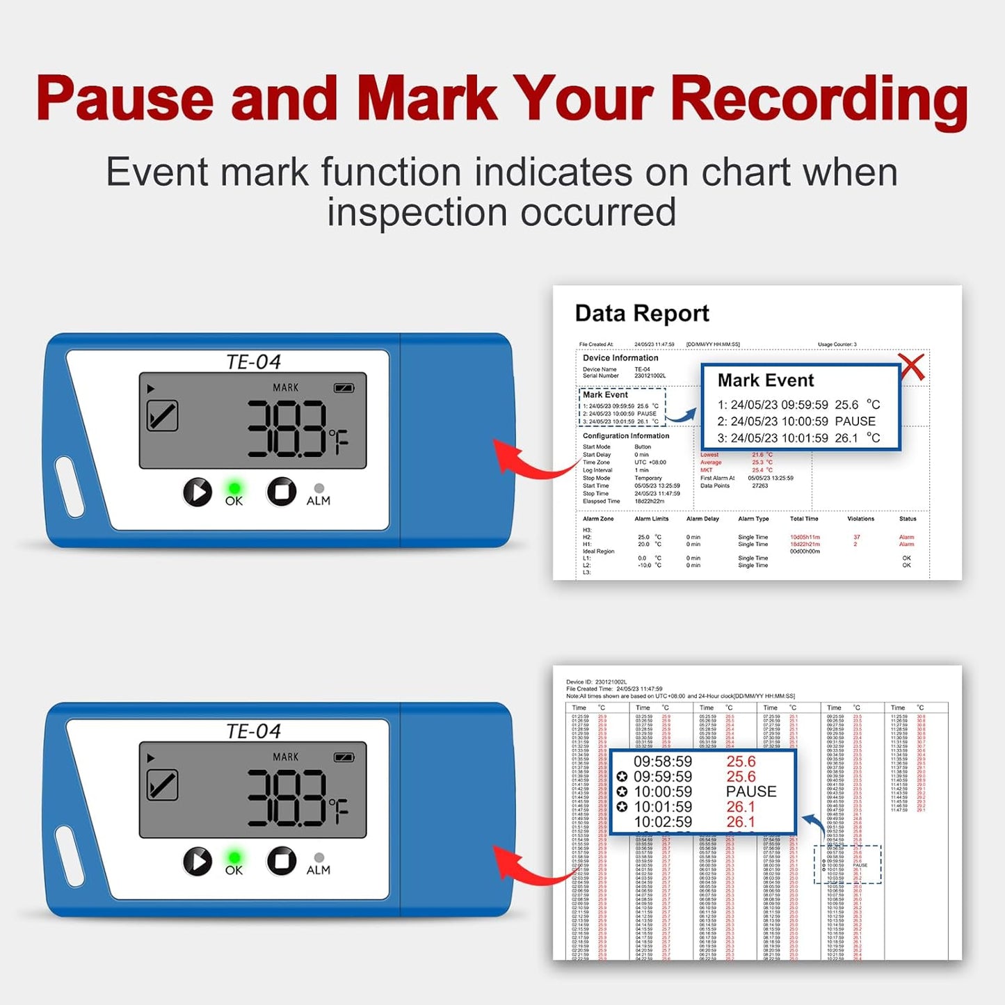 TE-04 10 pcs Temperature Data Logger with External Probe, Large Display,Pause Recording Function, Auto PDF& CSV Report, 35,000 Points, Temperature Recorder for Cold Chain Shipping Vaccine Storage