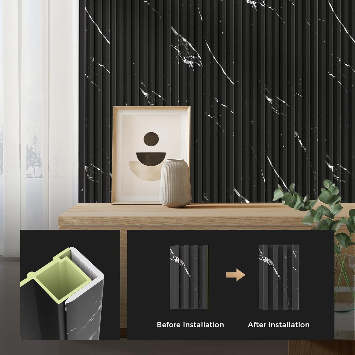 OUZUGIE 8-Pack 57 Inches, WPC Slat Wall Panel Trim,Corner Guard for High Grille (Black Marble-1)