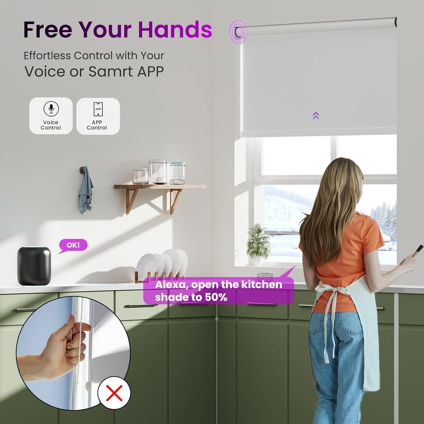 Astomi Motorized Smart Blinds for Windows, Automatic Roller Blackout Shades with Remote Control Compatible with Alexa Google Assistant Customized, Vinyl-Pure White